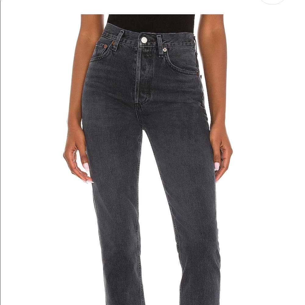 Agolde Riley High Rise Cropped Straight Leg Jeans in Black Pepper